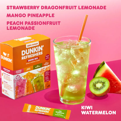 Dunkin’ Zero Sugar Refreshers Singles To Go! Powdered drink mix packets, 40 Ct Variety Pack, 40 Single serve Packets per Box (40 servings), Energy from Green Tea, aspartame-free, no synthetic colors, naturally and artificially flavored, just add water