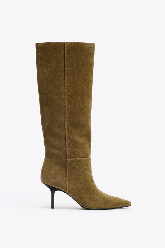 SPLIT LEATHER KITTEN HEEL BOOTS