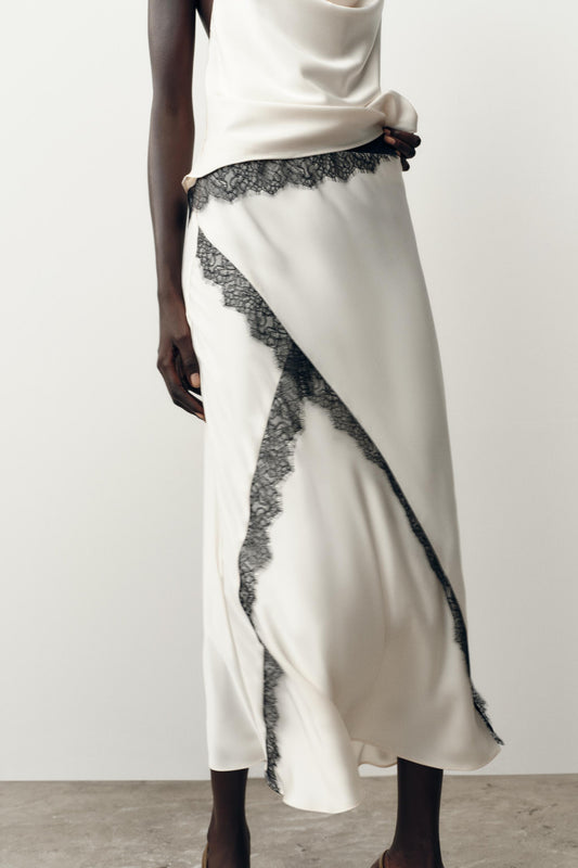 SATIN EFFECT LACE MIDI SKIRT