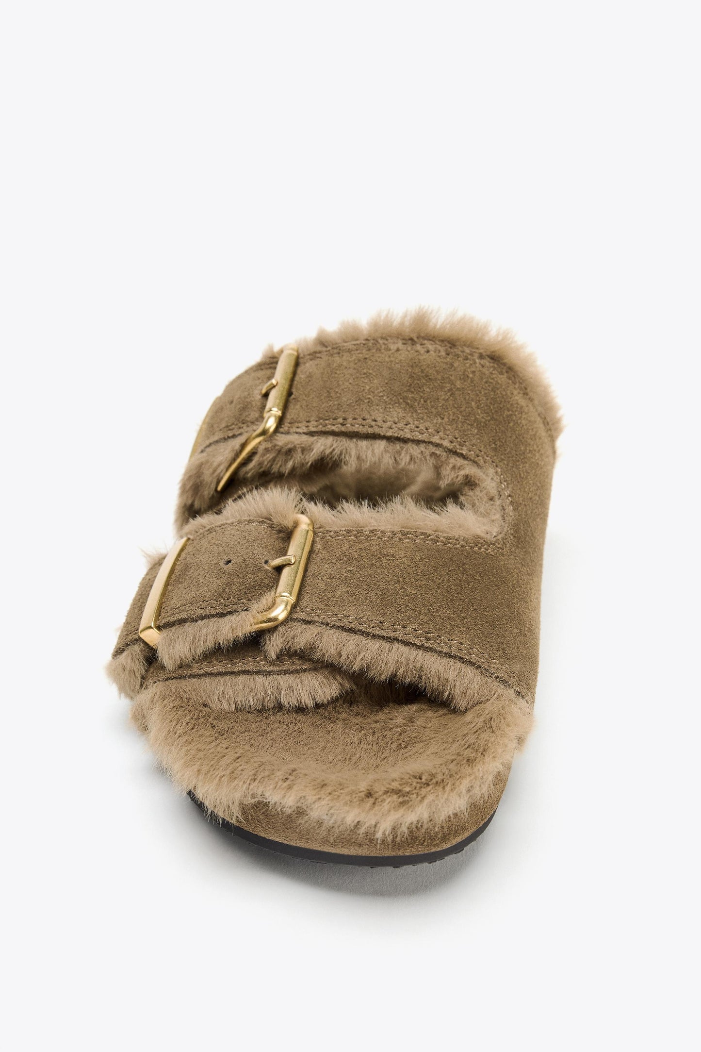 FAUX FUR FLAT BUCKLE SANDALS