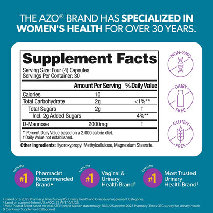 AZO D Mannose Urinary Tract Health, Cleanse, Flush & Protect The Urinary Tract, No.1 Pharmacist Recommended Brand, Clinical Strength, Non-GMO, 120 Count
