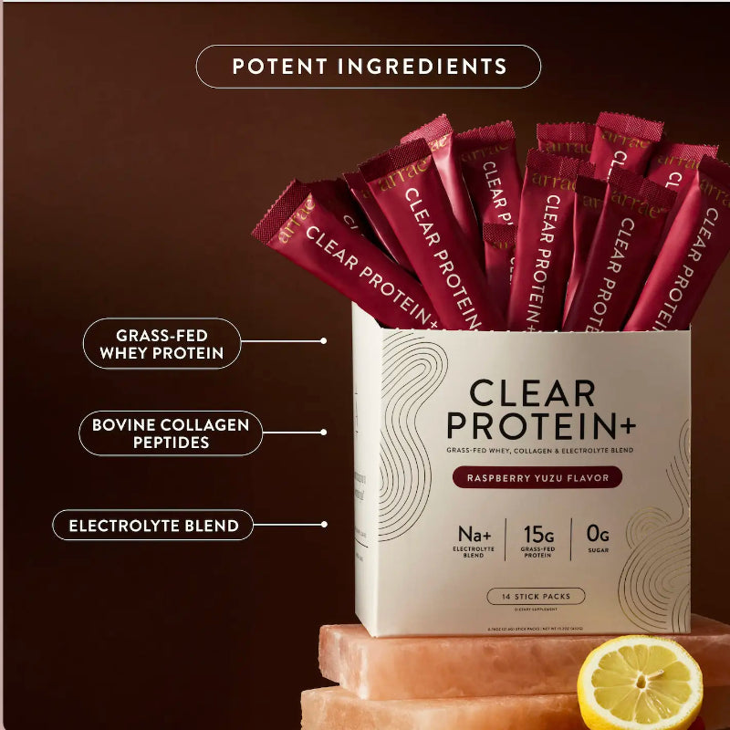 Arrae Clear Protein+ | 15g Grass Fed Whey, Collagen, & Electrolytes Protein | Rasberry Yuzu Flavor| 14 Stick Packs Edible Dietary Supplement Healthcare Fitness Muscle Optimum Fiber