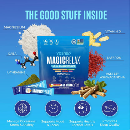 MAGICRELAX Calming Sparking Mix 8-in-1 Magnesium KSM-66 Ashwagandha Saffron Vitamin D3 GABA L-Theanine Supports Healthy Cortisol Levels,Mood and Sleep No Sugar Non GMO Raspberry Lemonade Flavor