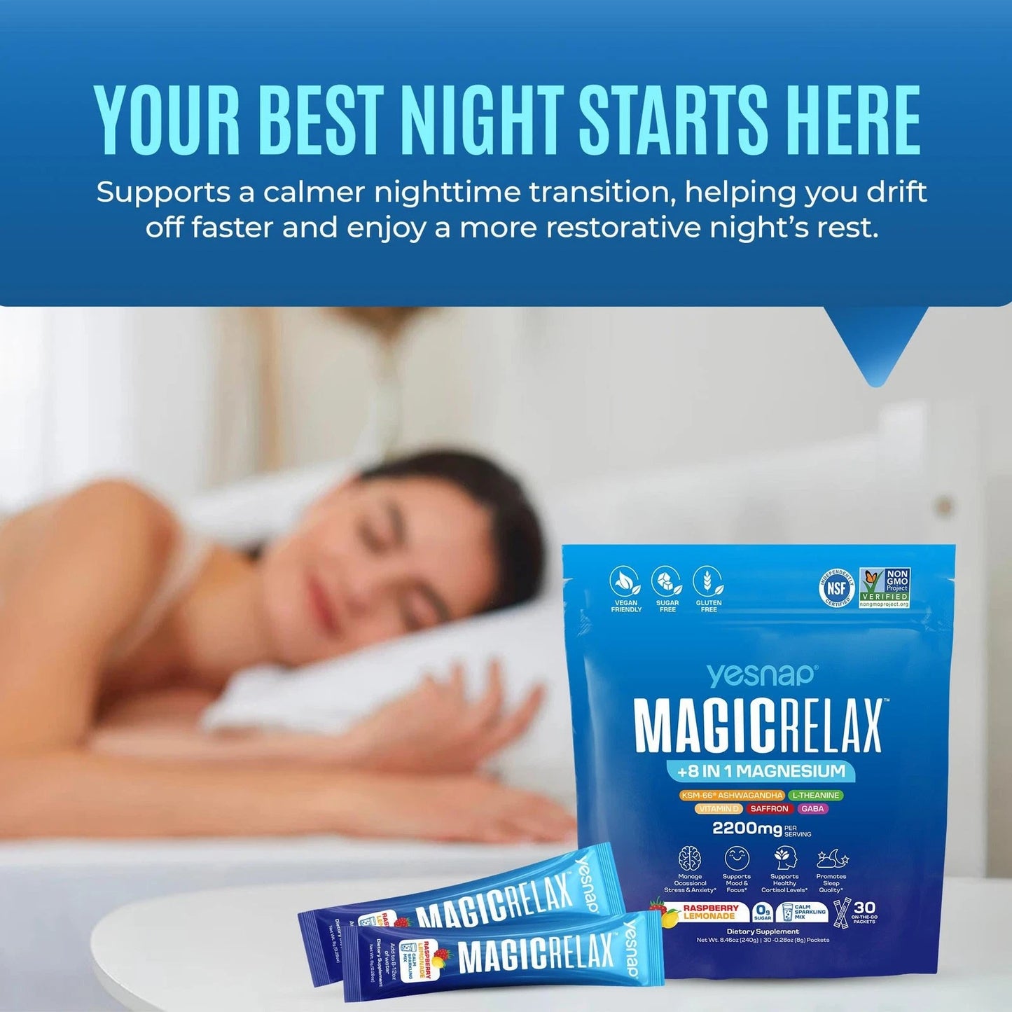 MAGICRELAX Calming Sparking Mix 8-in-1 Magnesium KSM-66 Ashwagandha Saffron Vitamin D3 GABA L-Theanine Supports Healthy Cortisol Levels,Mood and Sleep No Sugar Non GMO Raspberry Lemonade Flavor