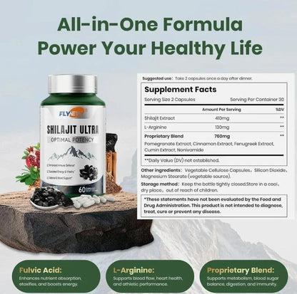 Flynew with L-Arginine, Shilajit Extract Shilajit Ultra Optimal Potency, Pure