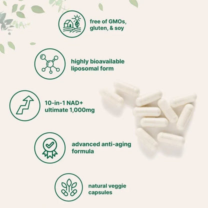 NAD+ Supplement with Glutathione, Resveratrol, Astaxanthin – 10-in-1 Formula