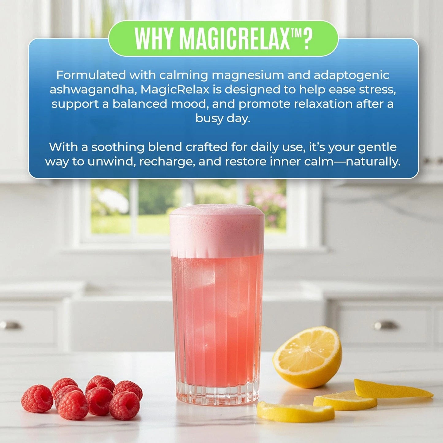 MAGICRELAX Calming Sparking Mix 8-in-1 Magnesium KSM-66 Ashwagandha Saffron Vitamin D3 GABA L-Theanine Supports Healthy Cortisol Levels,Mood and Sleep No Sugar Non GMO Raspberry Lemonade Flavor
