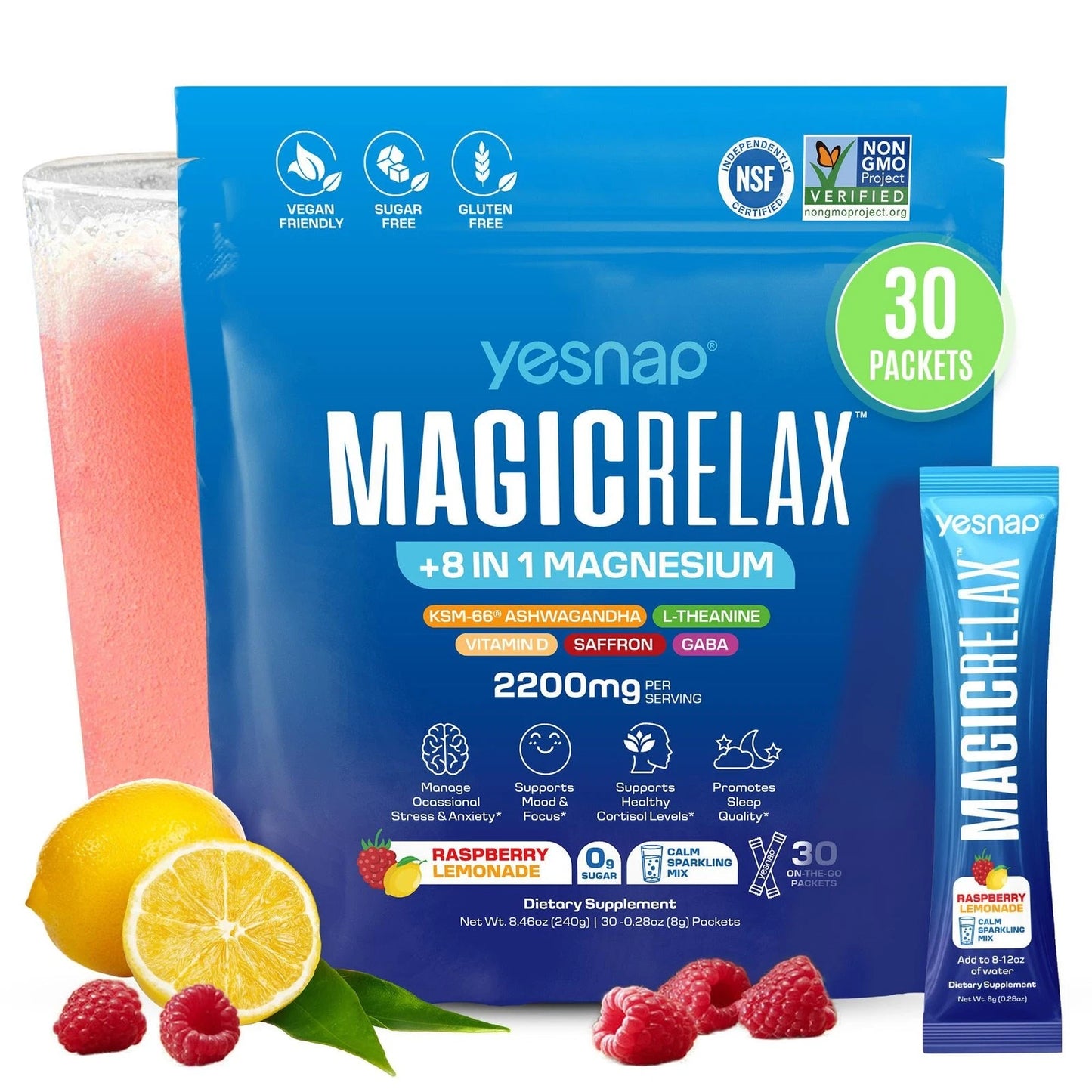 MAGICRELAX Calming Sparking Mix 8-in-1 Magnesium KSM-66 Ashwagandha Saffron Vitamin D3 GABA L-Theanine Supports Healthy Cortisol Levels,Mood and Sleep No Sugar Non GMO Raspberry Lemonade Flavor
