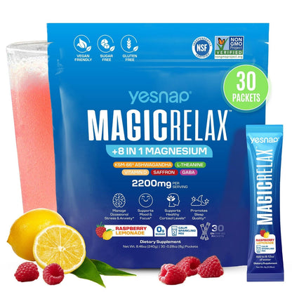 MAGICRELAX Calming Sparking Mix 8-in-1 Magnesium KSM-66 Ashwagandha Saffron Vitamin D3 GABA L-Theanine Supports Healthy Cortisol Levels,Mood and Sleep No Sugar Non GMO Raspberry Lemonade Flavor