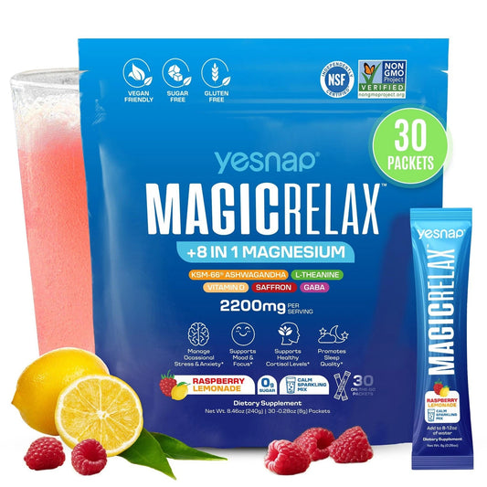 MAGICRELAX Calming Sparking Mix 8-in-1 Magnesium KSM-66 Ashwagandha Saffron Vitamin D3 GABA L-Theanine Supports Healthy Cortisol Levels,Mood and Sleep No Sugar Non GMO Raspberry Lemonade Flavor