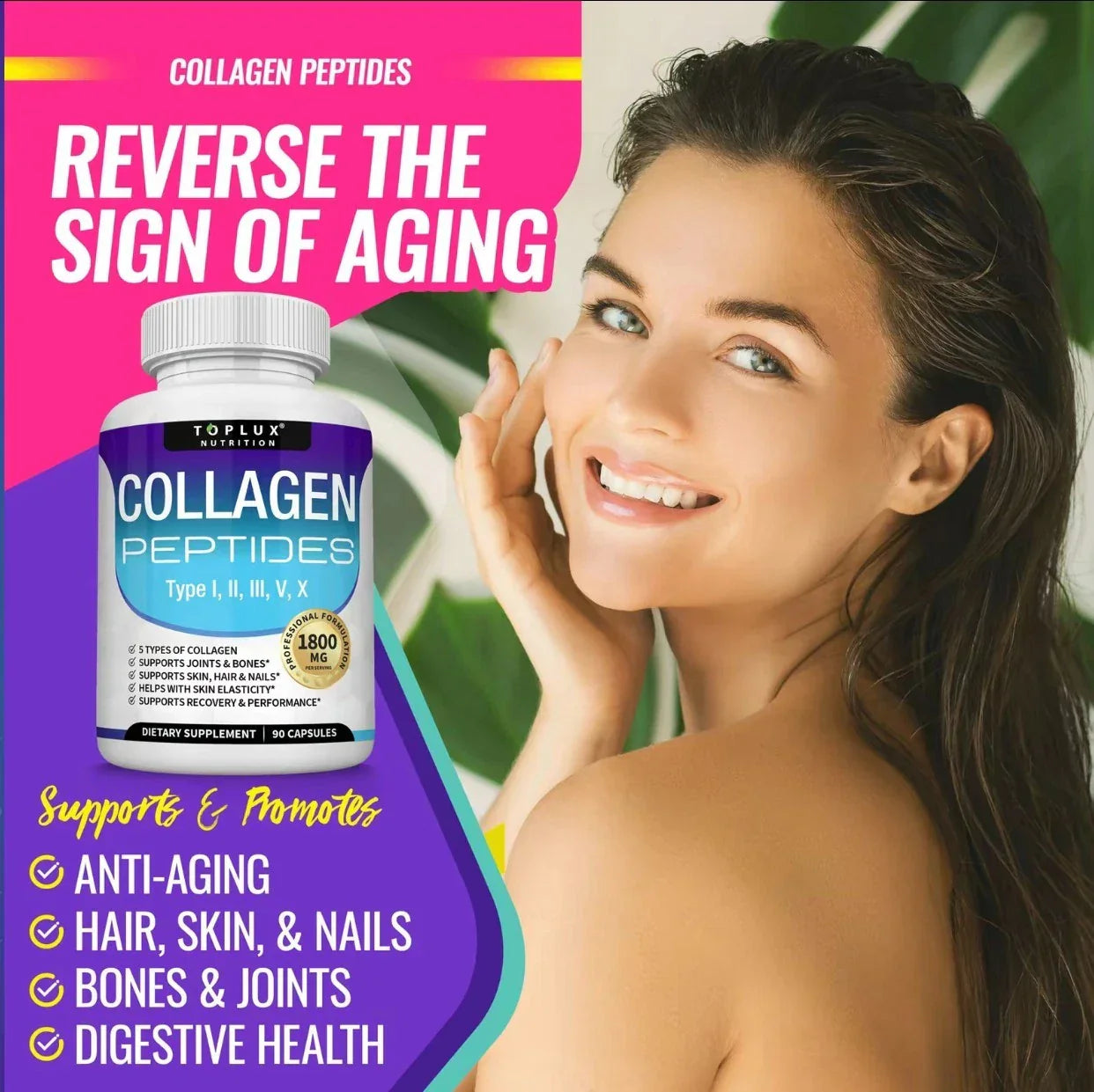 Toplux Nutrition Collagen Peptides 5 Types 1800mg Premium Collagen Complex Caps